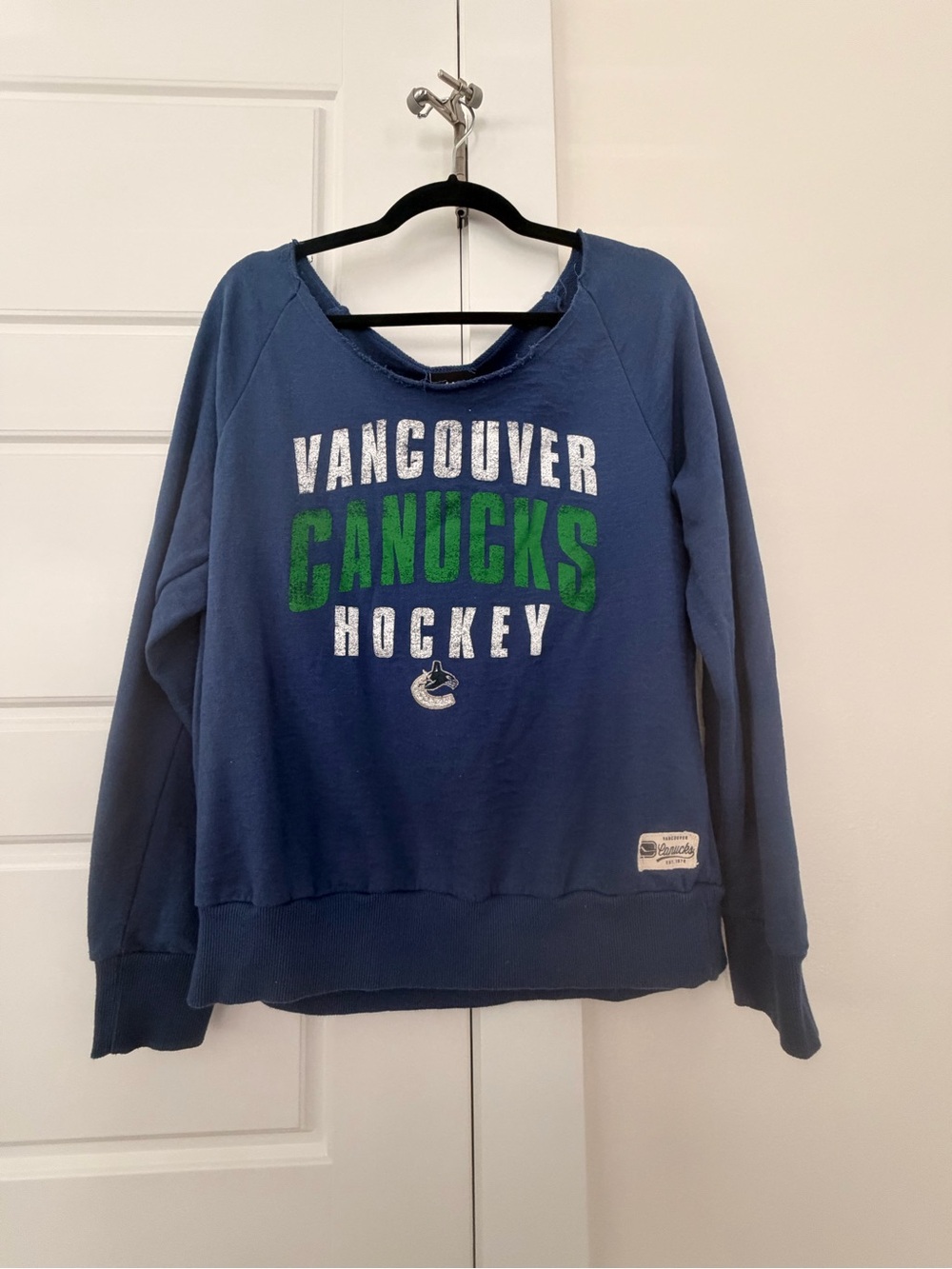 Vancouver Canucks Juniors Blue Hockey Off the Shoulder Sweatshirt